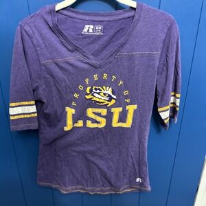 LSU Tigers Shirt Russell Youth Medium Short Sleeve Purple Tee V-Neck w Logo